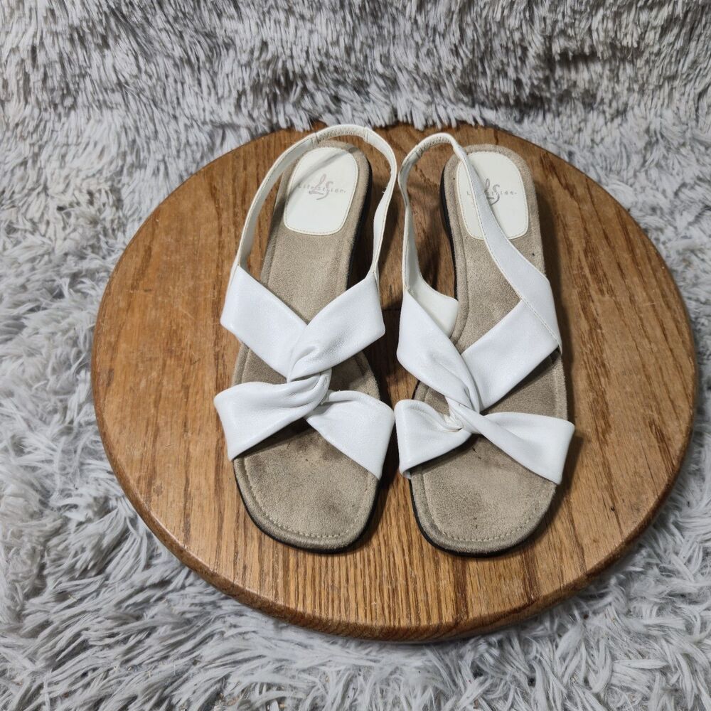LifeStride Womens Strappy Slingback Wedge Heel Sandal White Brown Leather Sz 8.5